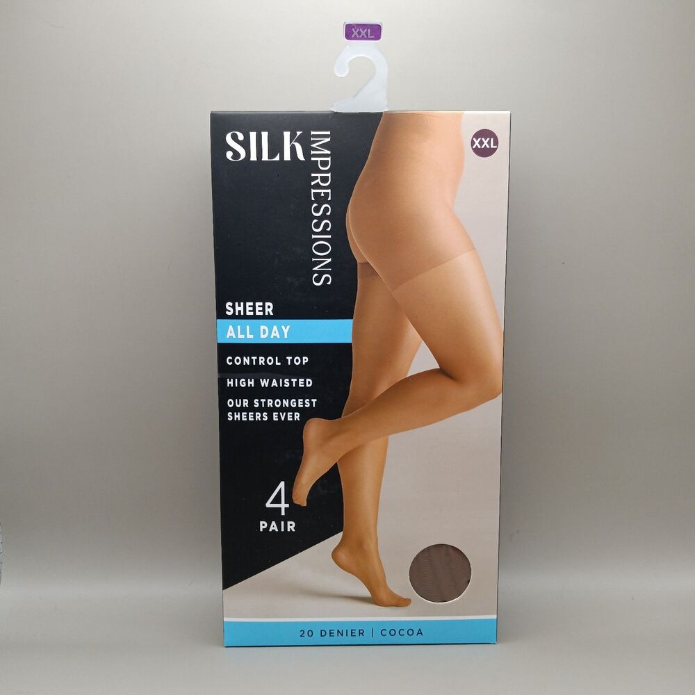 Silk Impressions Pantyhose XXL 4pk Sheer All Day Control Top High Waisted Cocoa